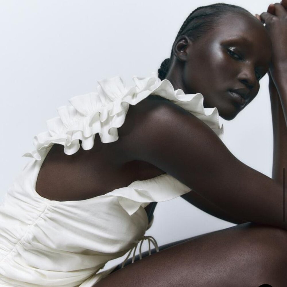 NWT Zara White Ruffle Sleeve Linen Blend Mini Ruched Dress Lace Up tie detail XS - Picture 3 of 15